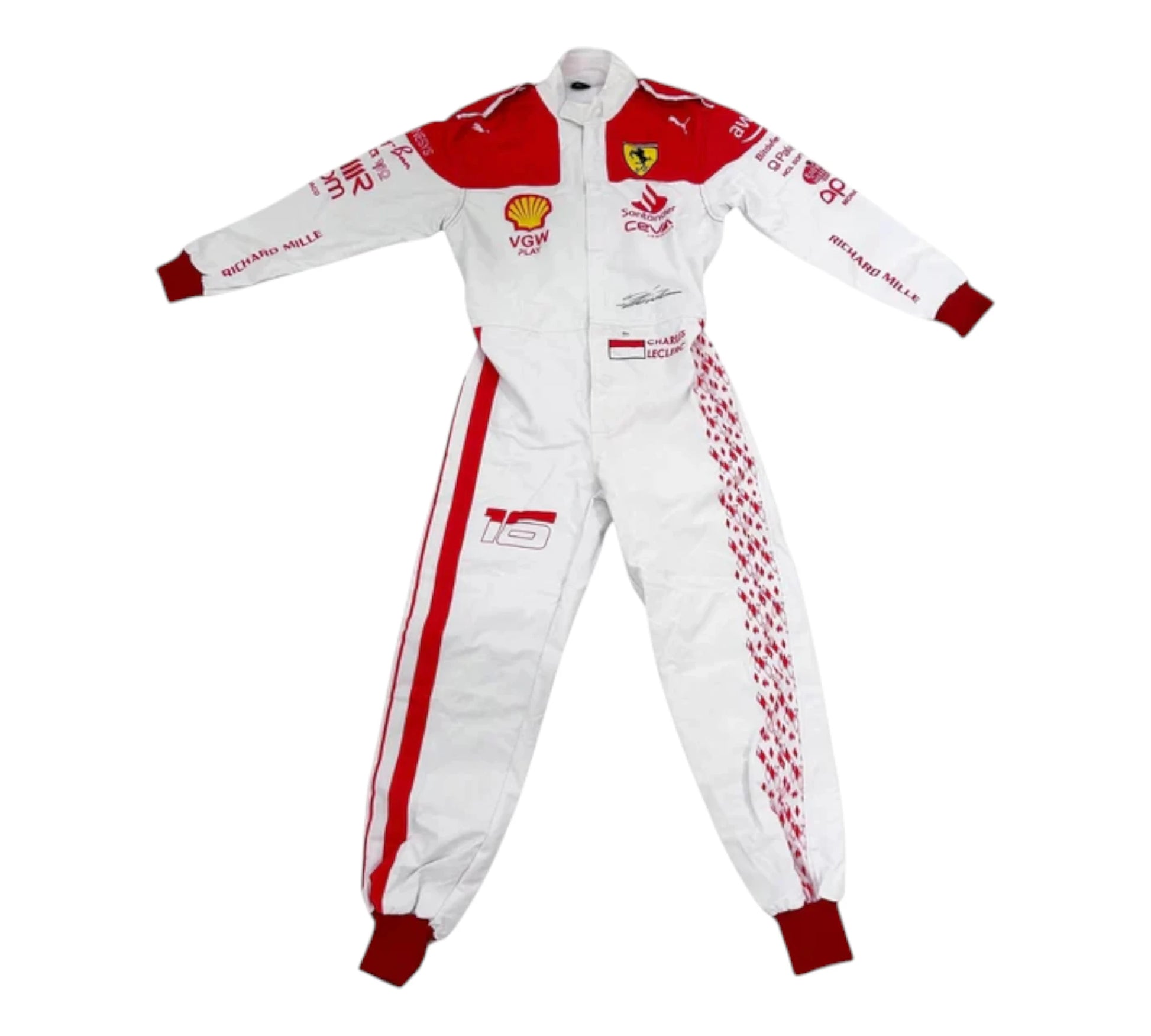 White racing suit with red accents and sponsor logos on a white background