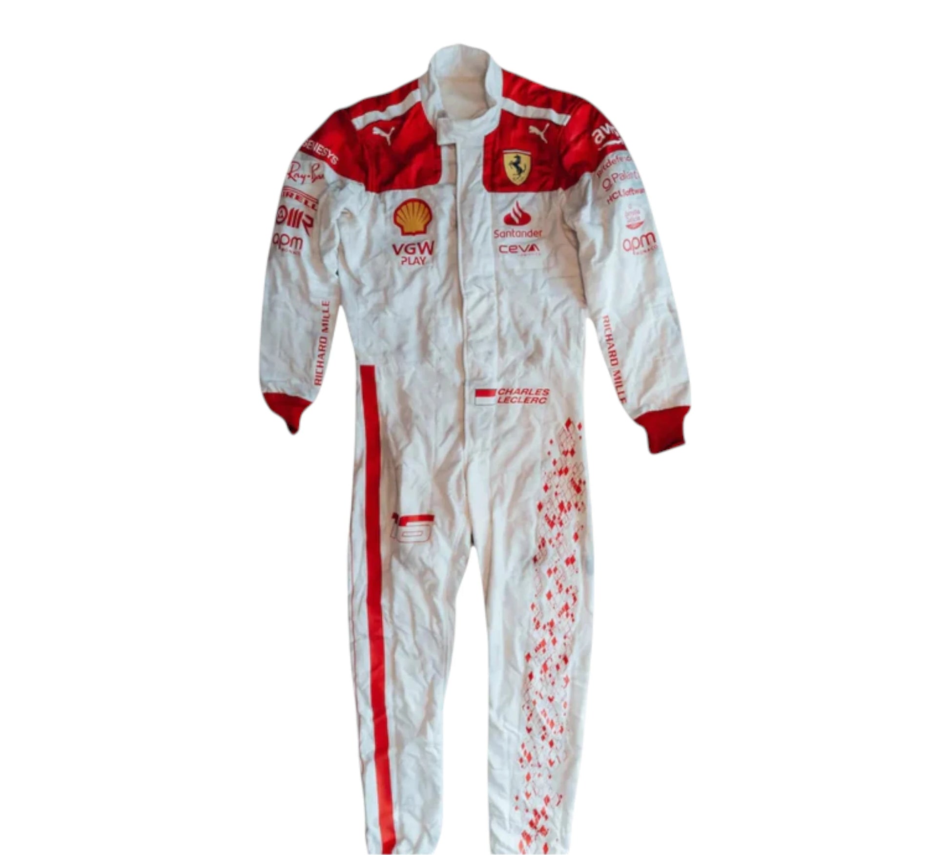 White racing suit with red accents and sponsor logos on a white background