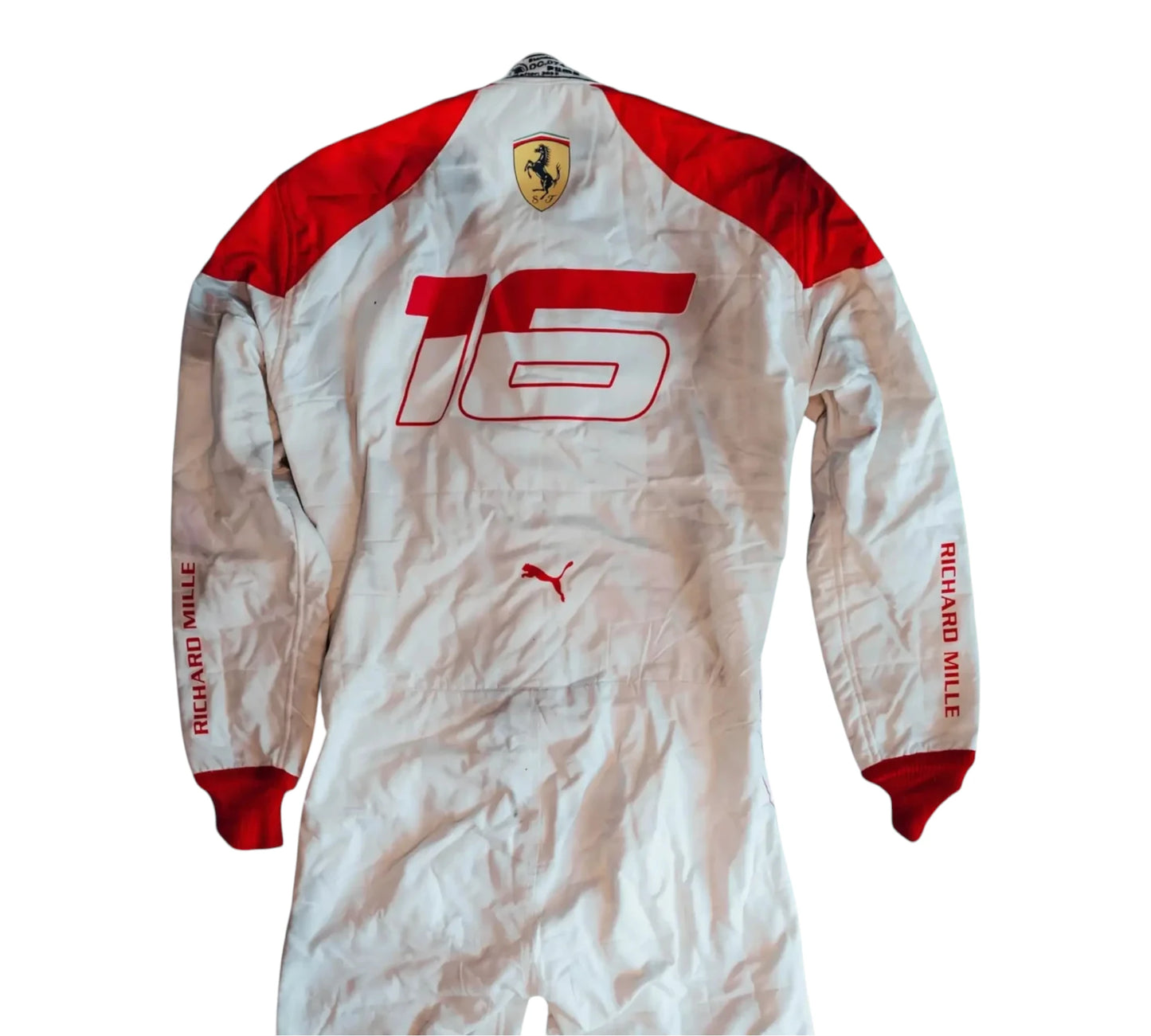 White racing suit with red accents and Ferrari logo on a white background