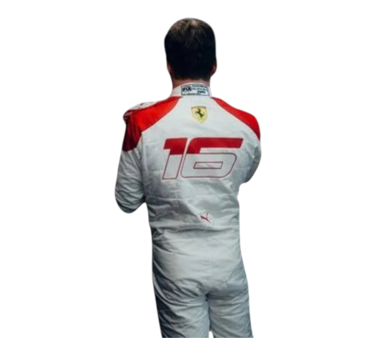 Person wearing a racing suit with Ferrari logo and number 16 on a white background