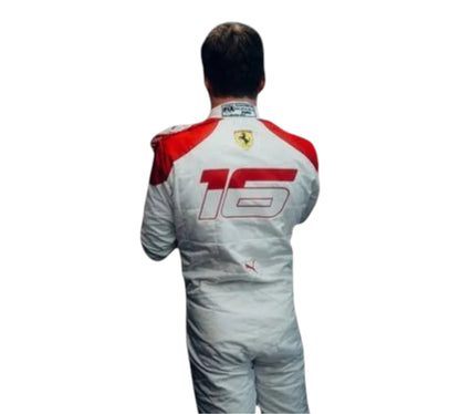 Person wearing a racing suit with Ferrari logo and number 16 on a white background