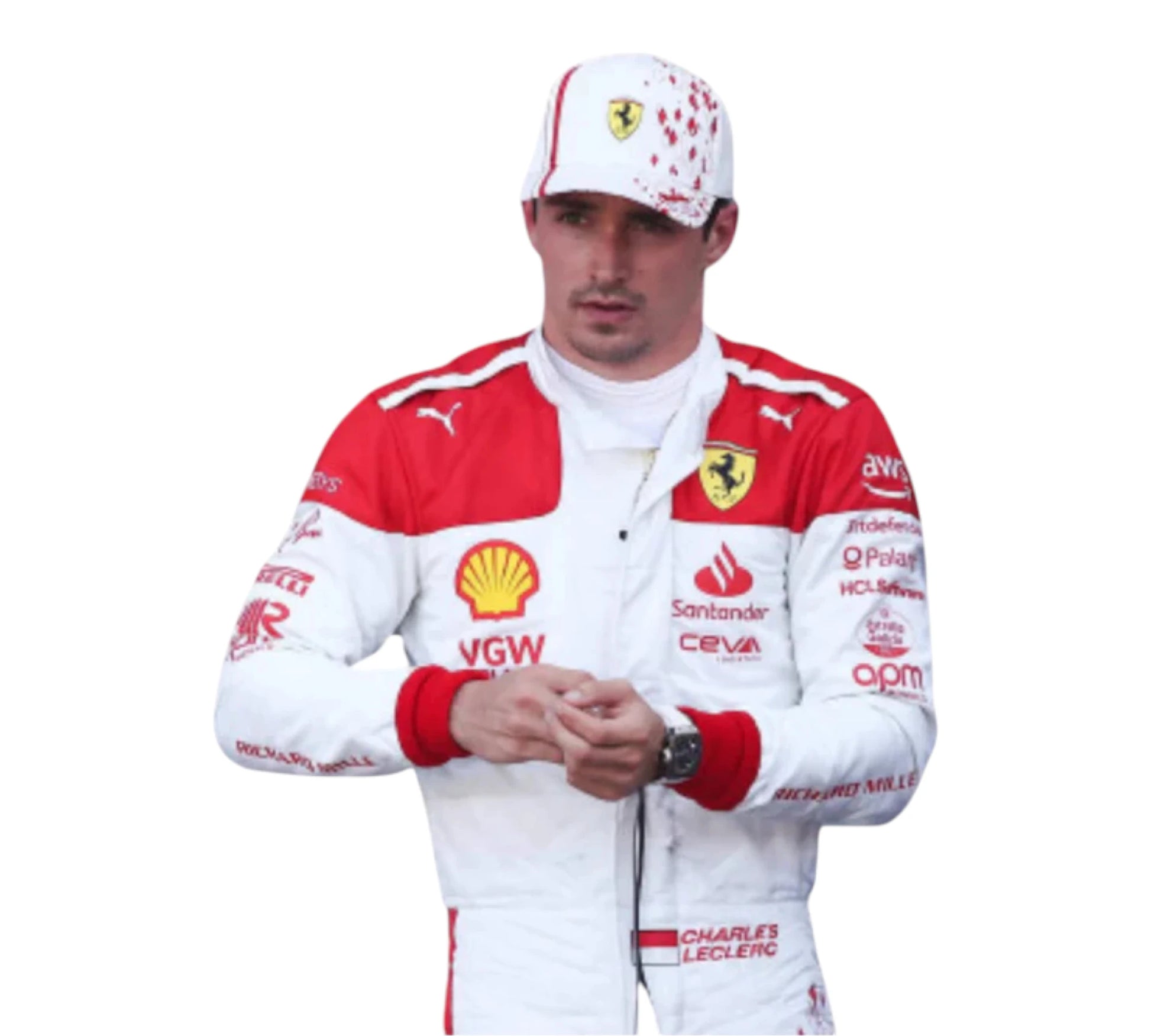 Person wearing a red and white racing suit with various sponsor logos on a white background