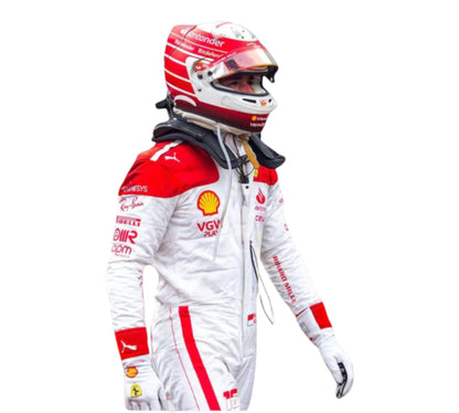 Person wearing a white racing suit with red accents and a helmet on a white background