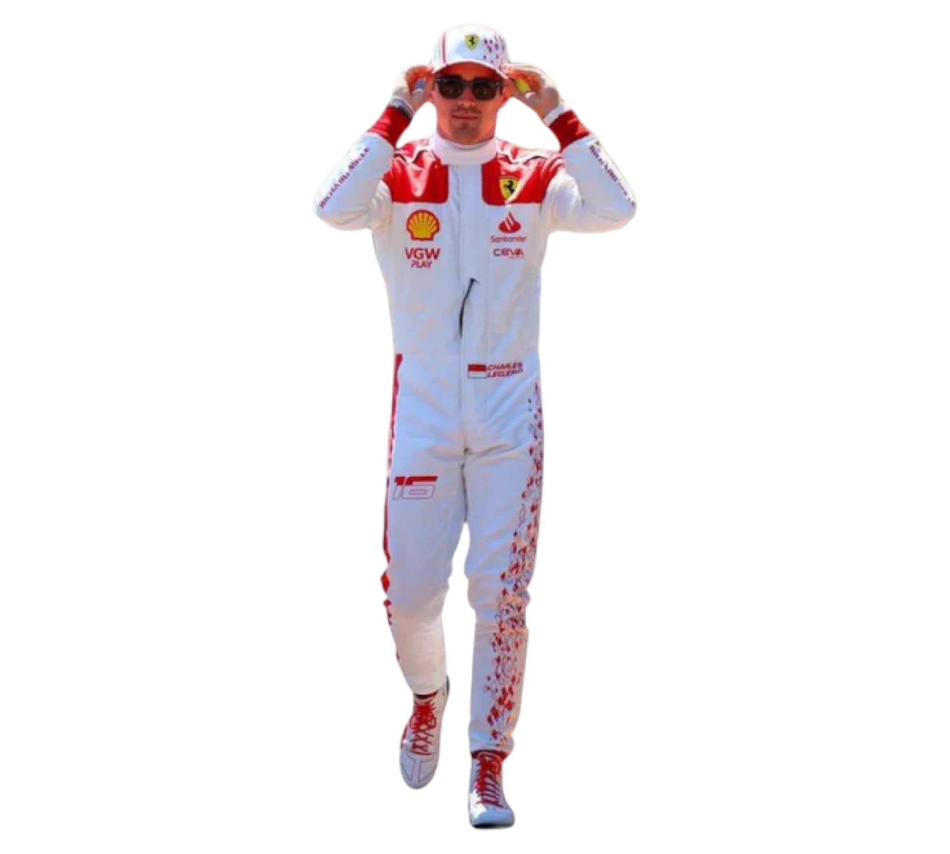 Person wearing a white racing suit with red accents on a white background