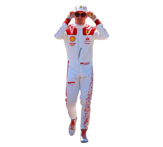 Person wearing a white racing suit with red accents on a white background