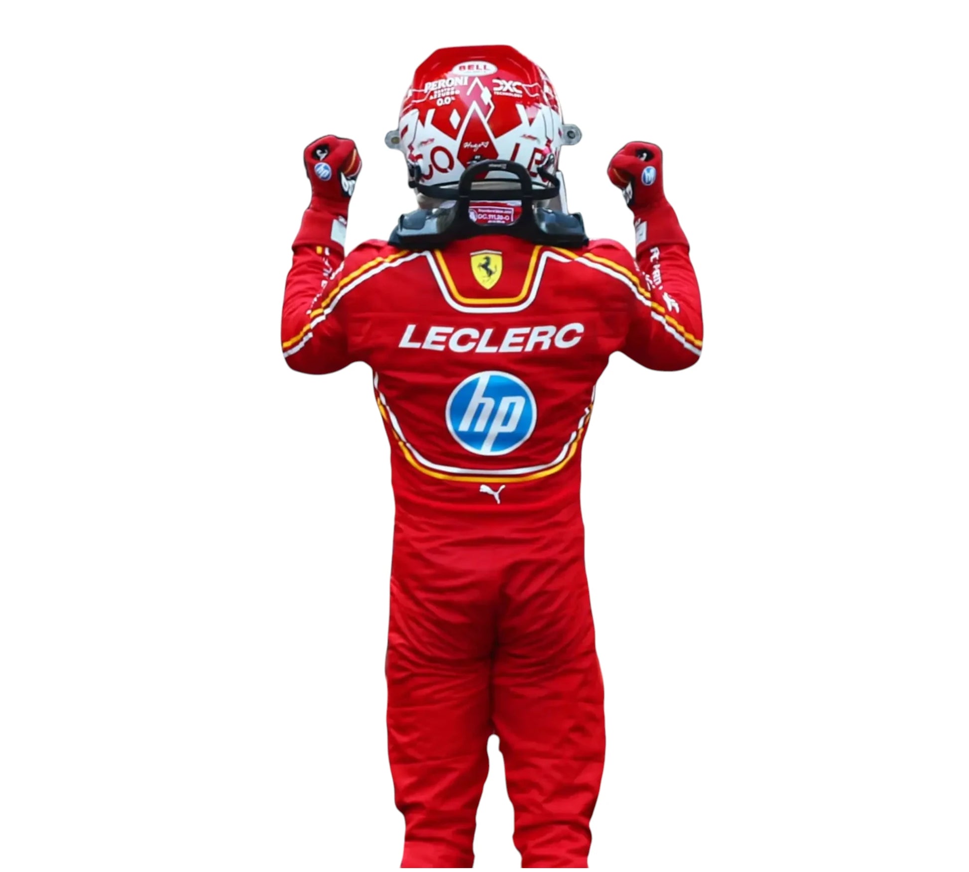 Person wearing a red racing suit with visible branding on a white background