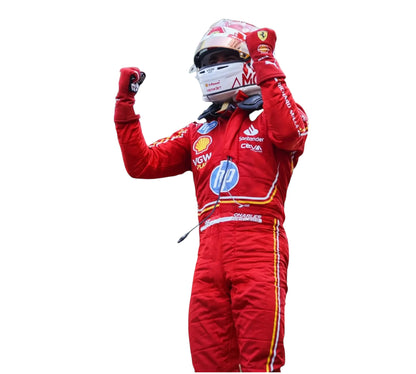 Racing driver in a red suit with helmet, celebrating on a white background