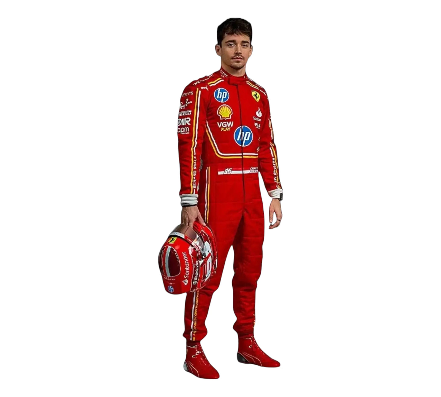 Person wearing a red racing suit with various sponsor logos on a white background
