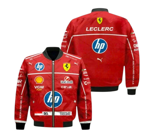 Red racing jacket with various logos on a white background