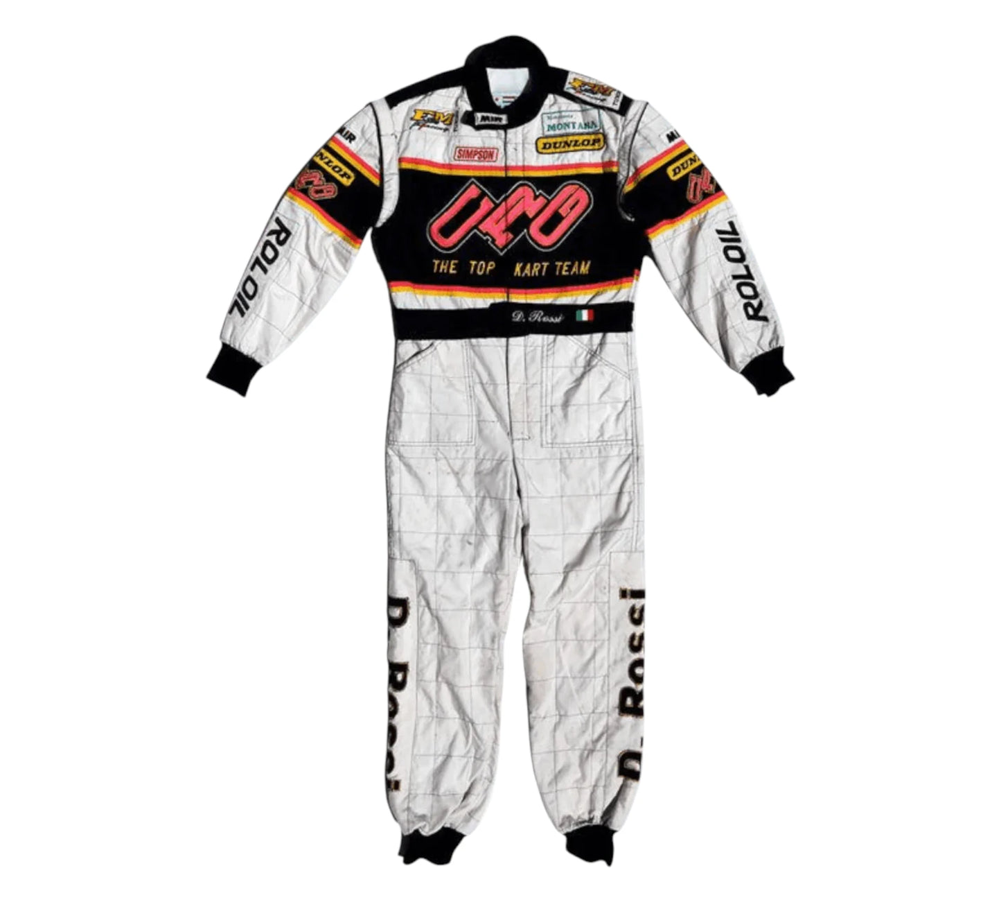 Racing suit with branding on a white background