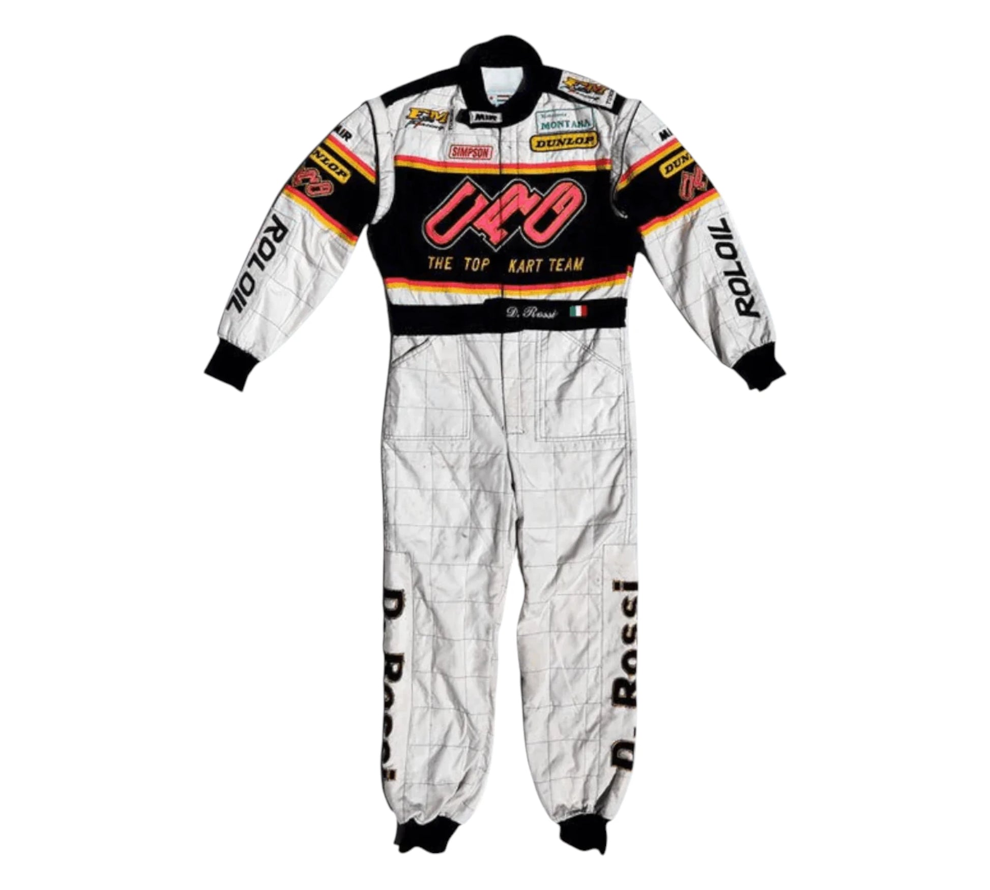 Racing suit with branding on a white background