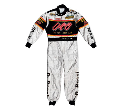 Racing suit with branding on a white background