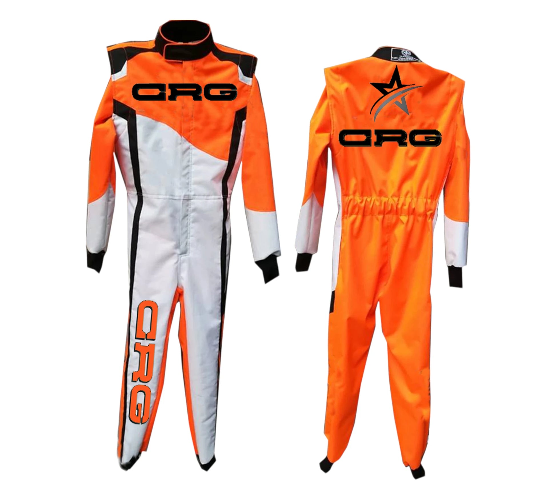 Orange, white, and black racing suit with 'ORG' branding on a white background