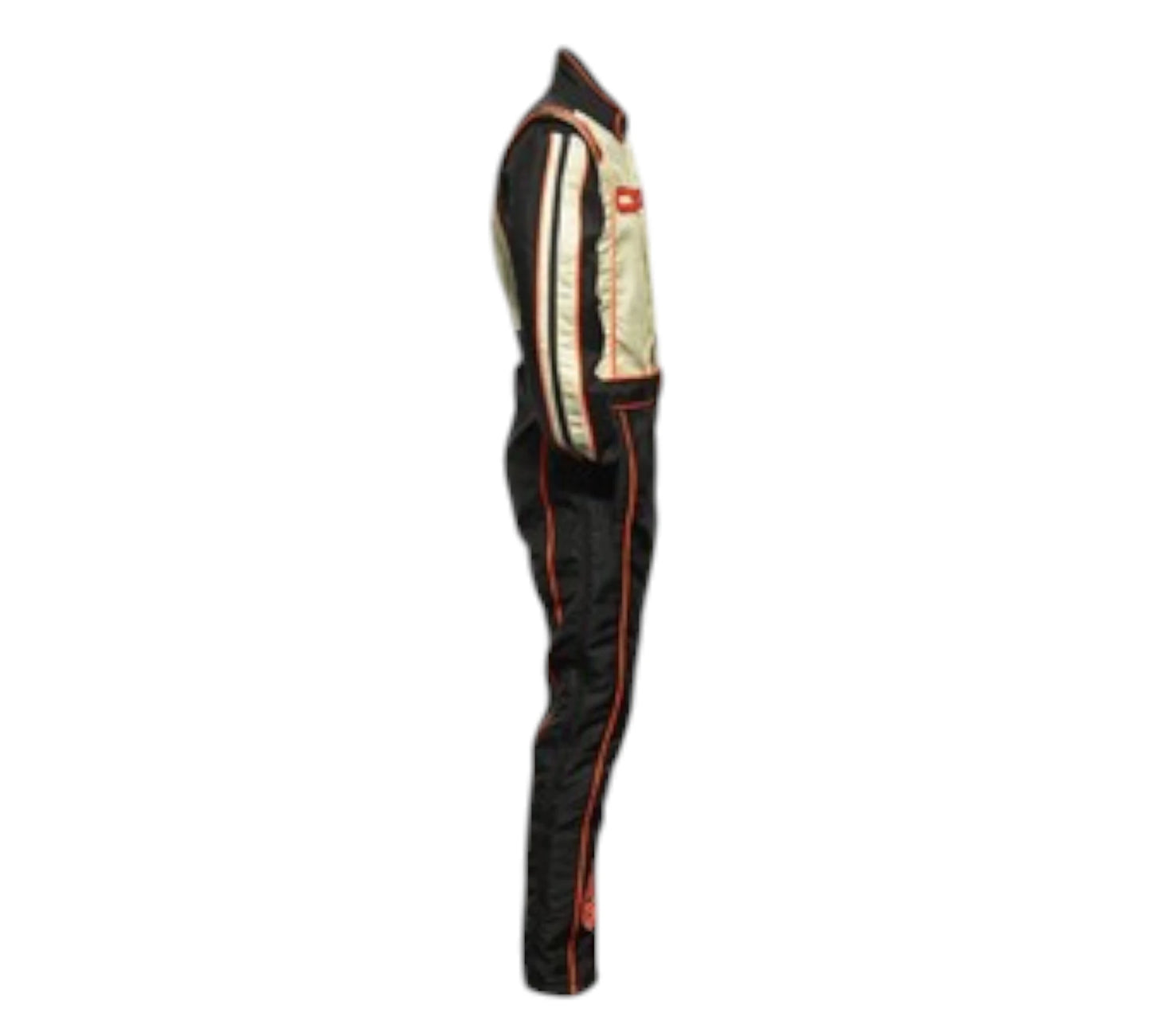 Black and white motorcycle racing suit on a white background