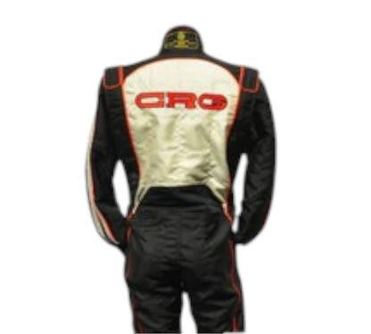 Black and beige racing suit with red branding on a white background