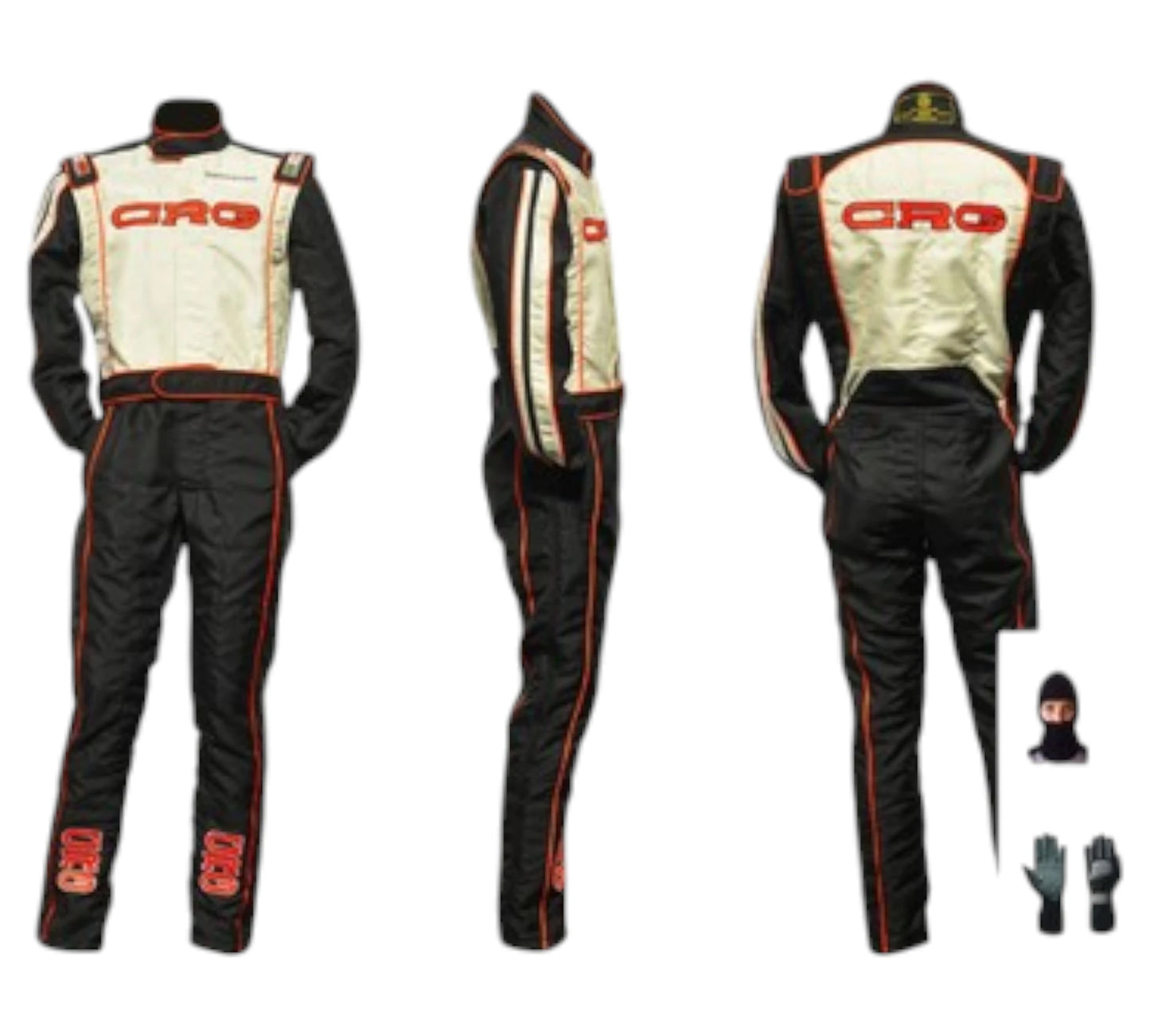 Racing suit with gloves and helmet on a white background