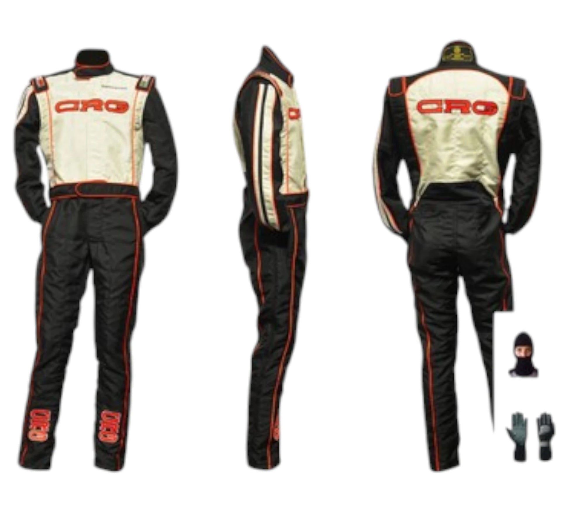 Racing suit with gloves and helmet on a white background