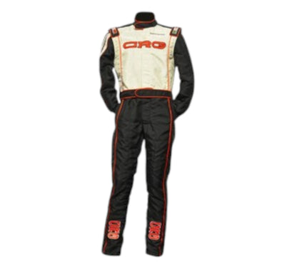 Black and white racing suit with red accents on a white background