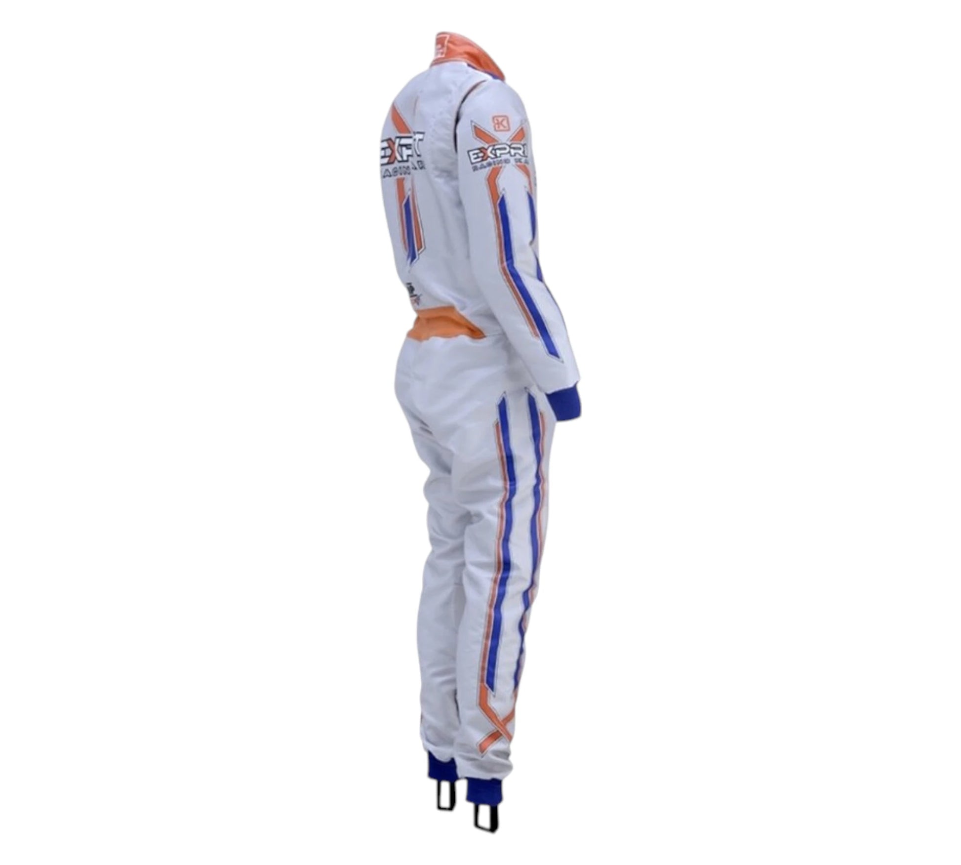 White racing suit with orange and blue accents on a white background