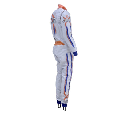 White racing suit with orange and blue accents on a white background