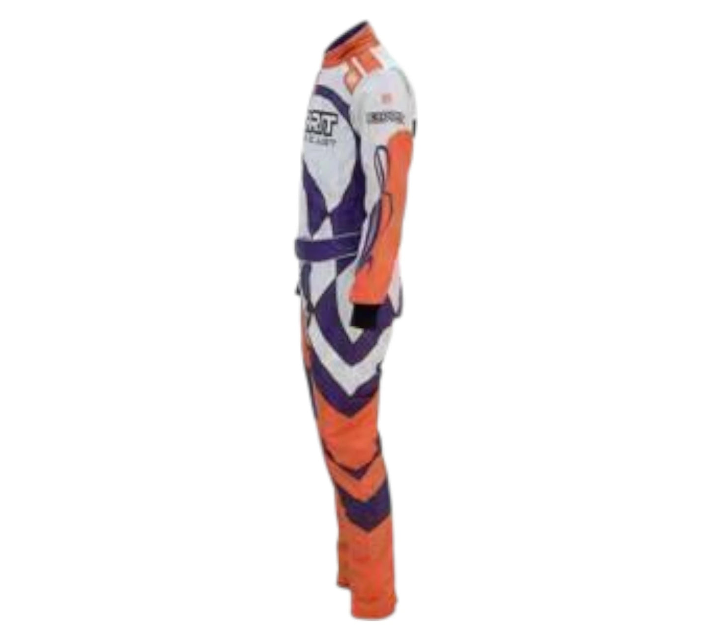 Motocross suit with orange, white, and purple design on a white background