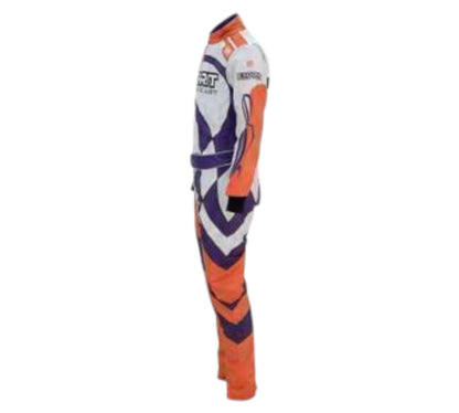 Motocross suit with orange, white, and purple design on a white background