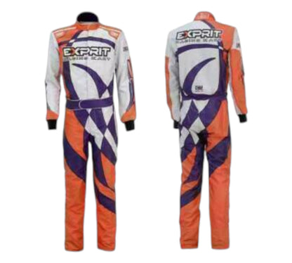Orange, white, and purple racing suit with 'Exprit' branding on a white background