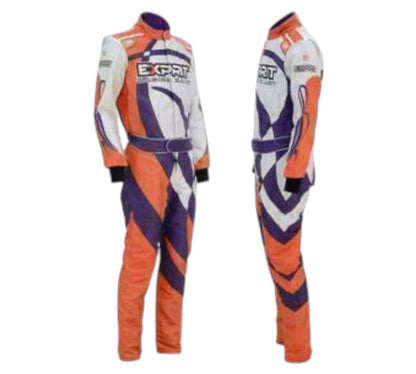 Orange, white, and purple racing suit with 'Expro' branding on a white background
