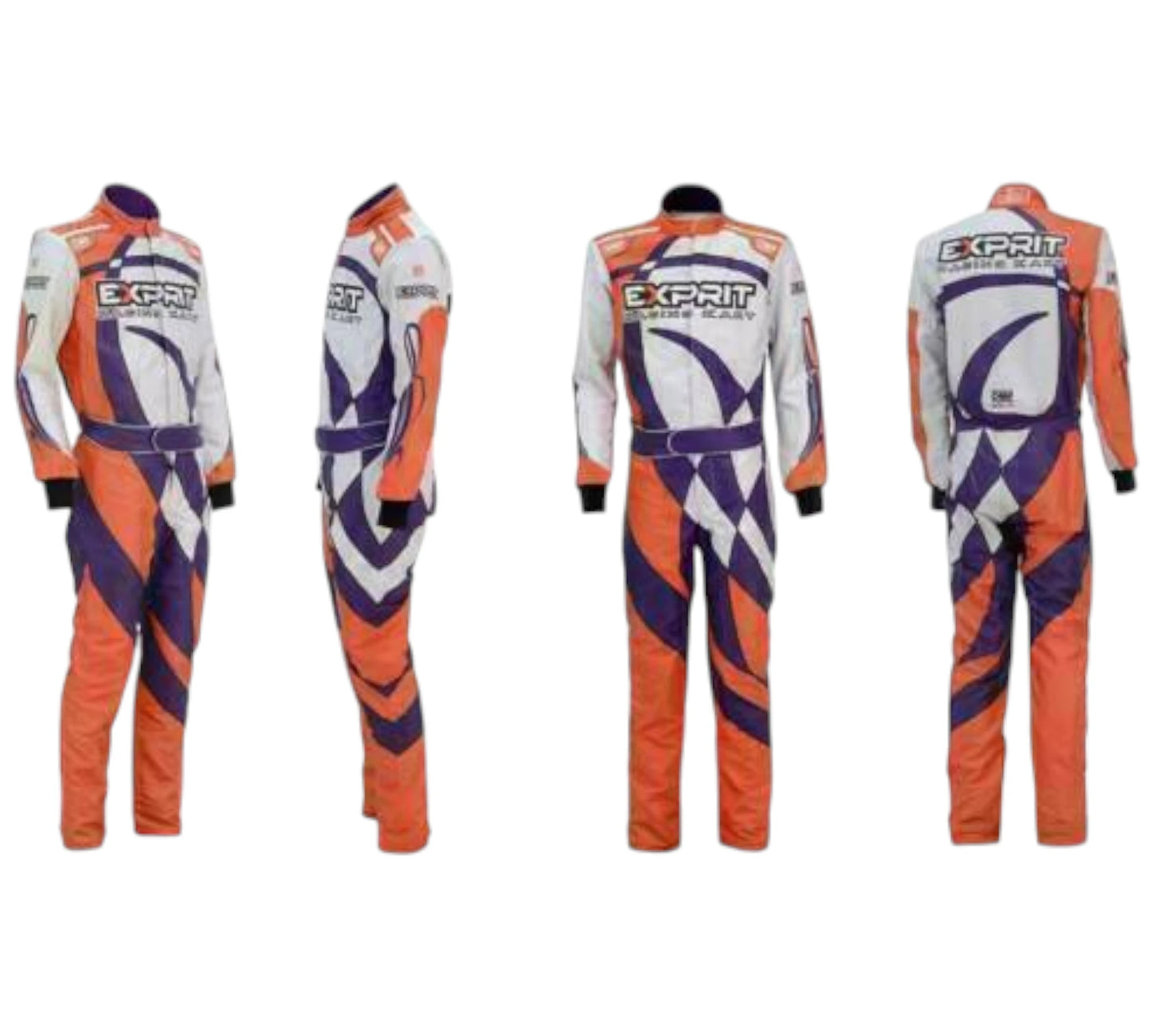 Orange, white, and purple racing suit with 'Expert' branding on a white background