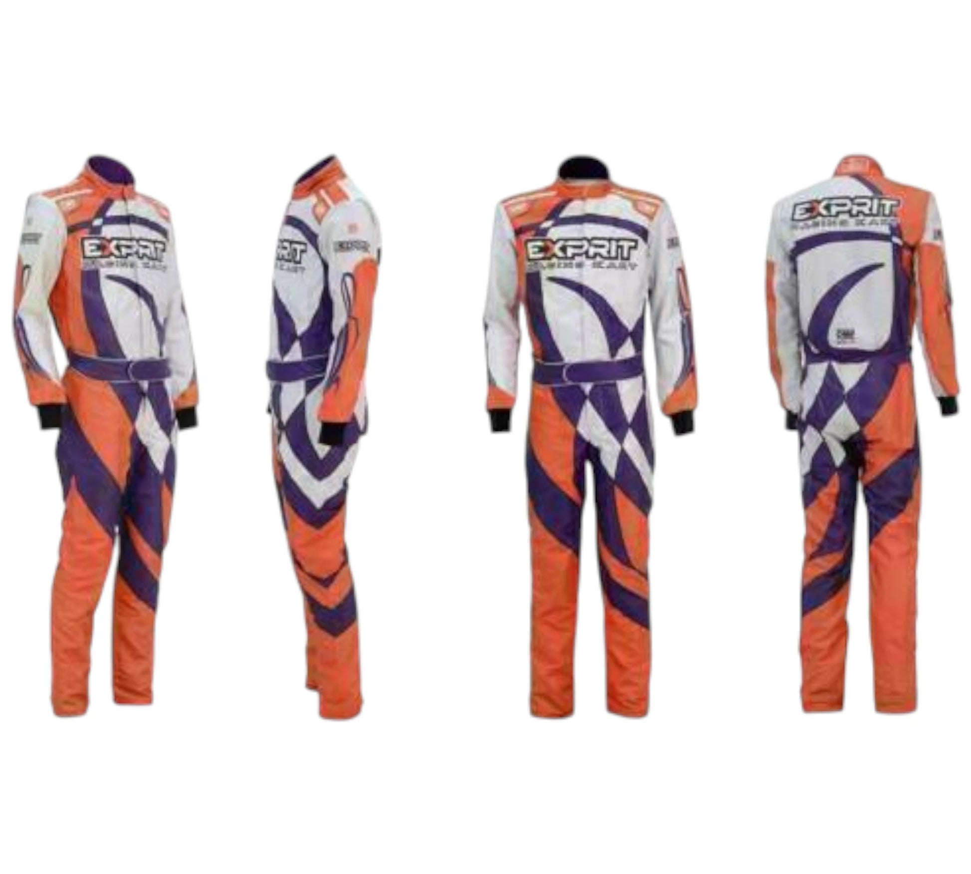Orange, white, and purple racing suit with 'Expert' branding on a white background