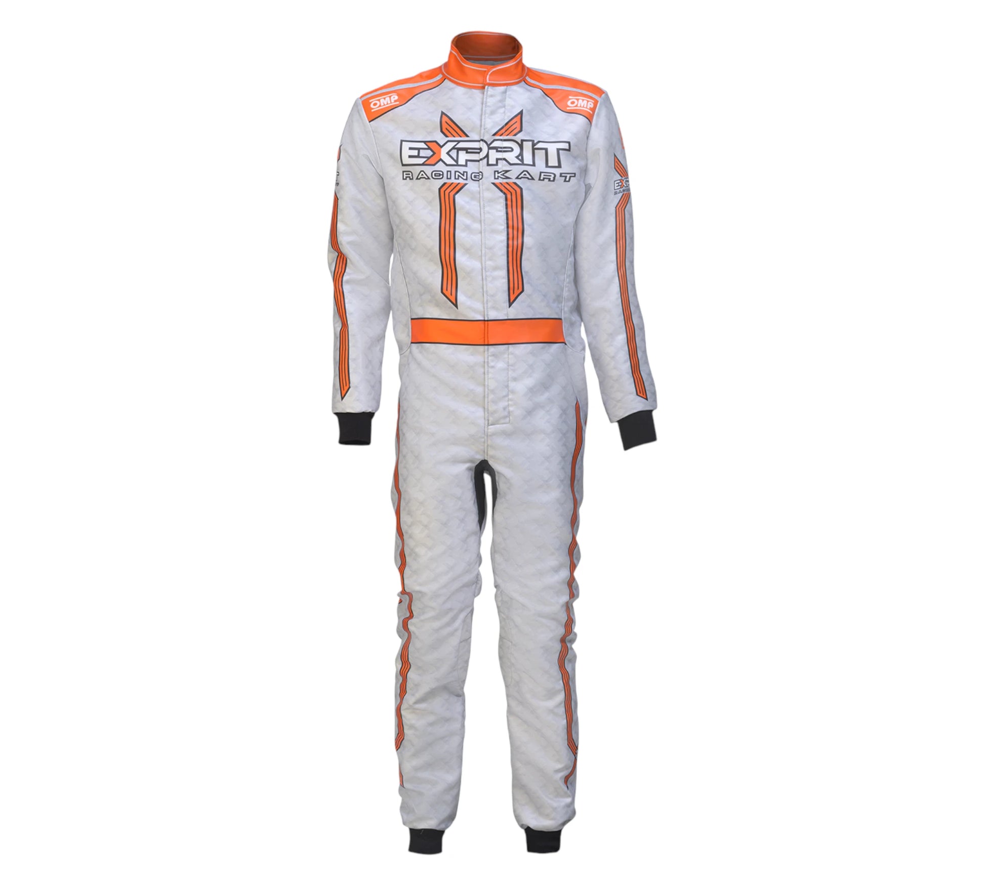 White and orange racing suit with 'Exprit' branding on a white background