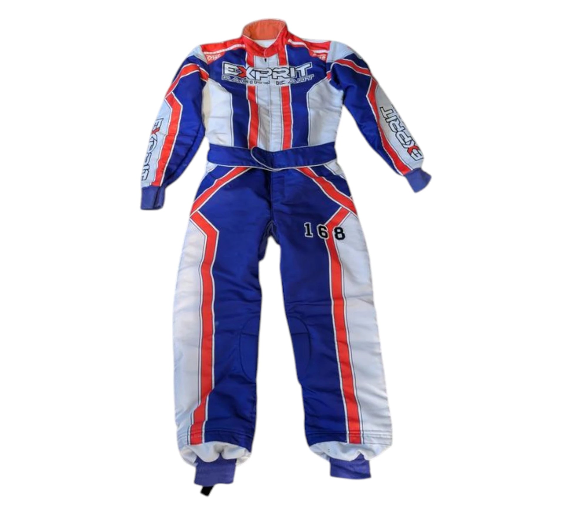 Racing suit with blue, white, and red colors on a white background