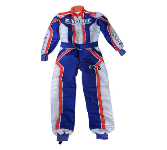 Racing suit with blue, white, and red colors on a white background