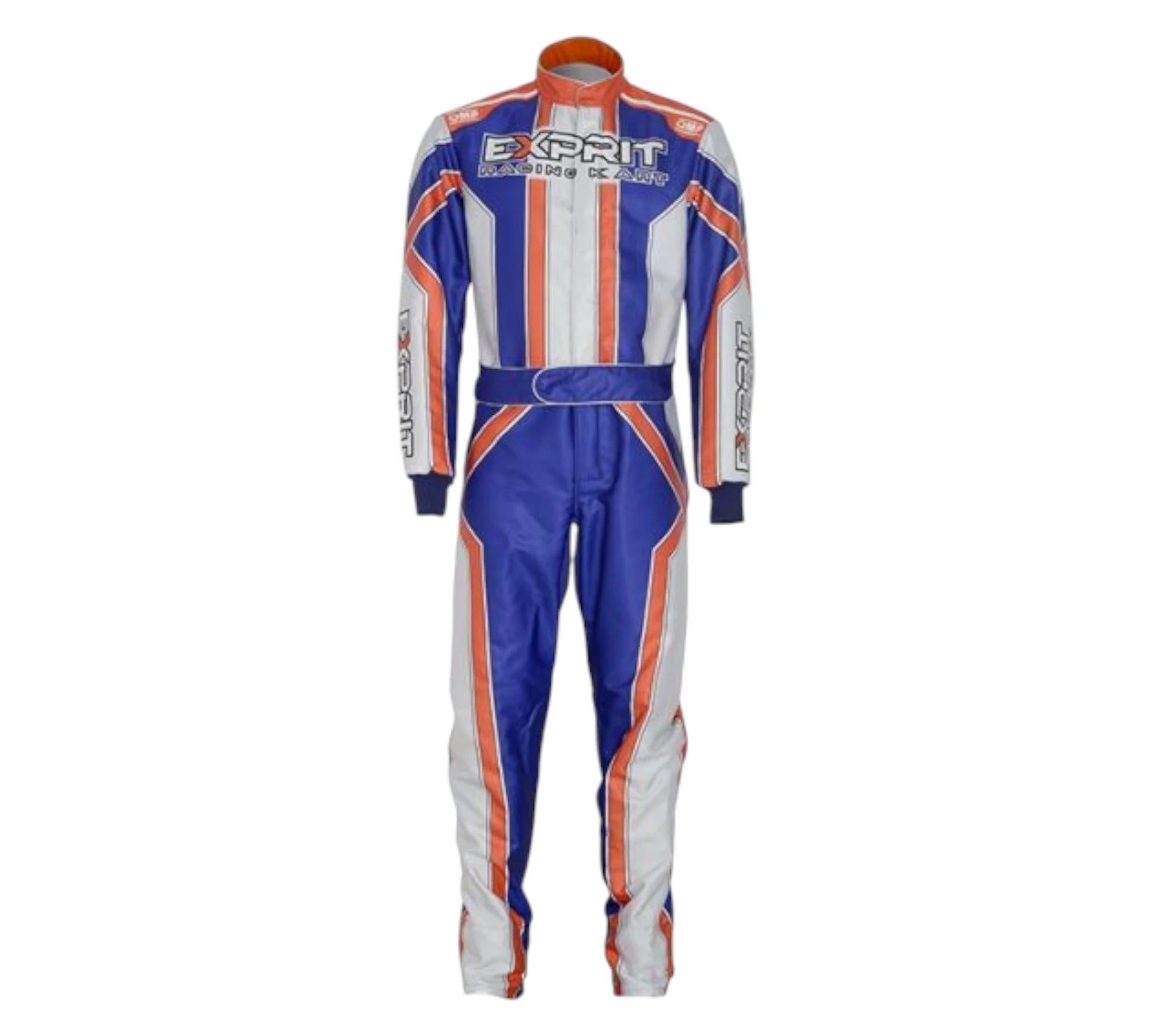Racing suit with blue, white, and orange design on a white background