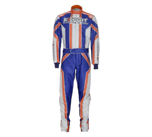 Racing suit with blue, white, and orange design on a white background