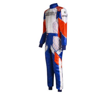 Motocross racing suit with blue, orange, and white design on a white background