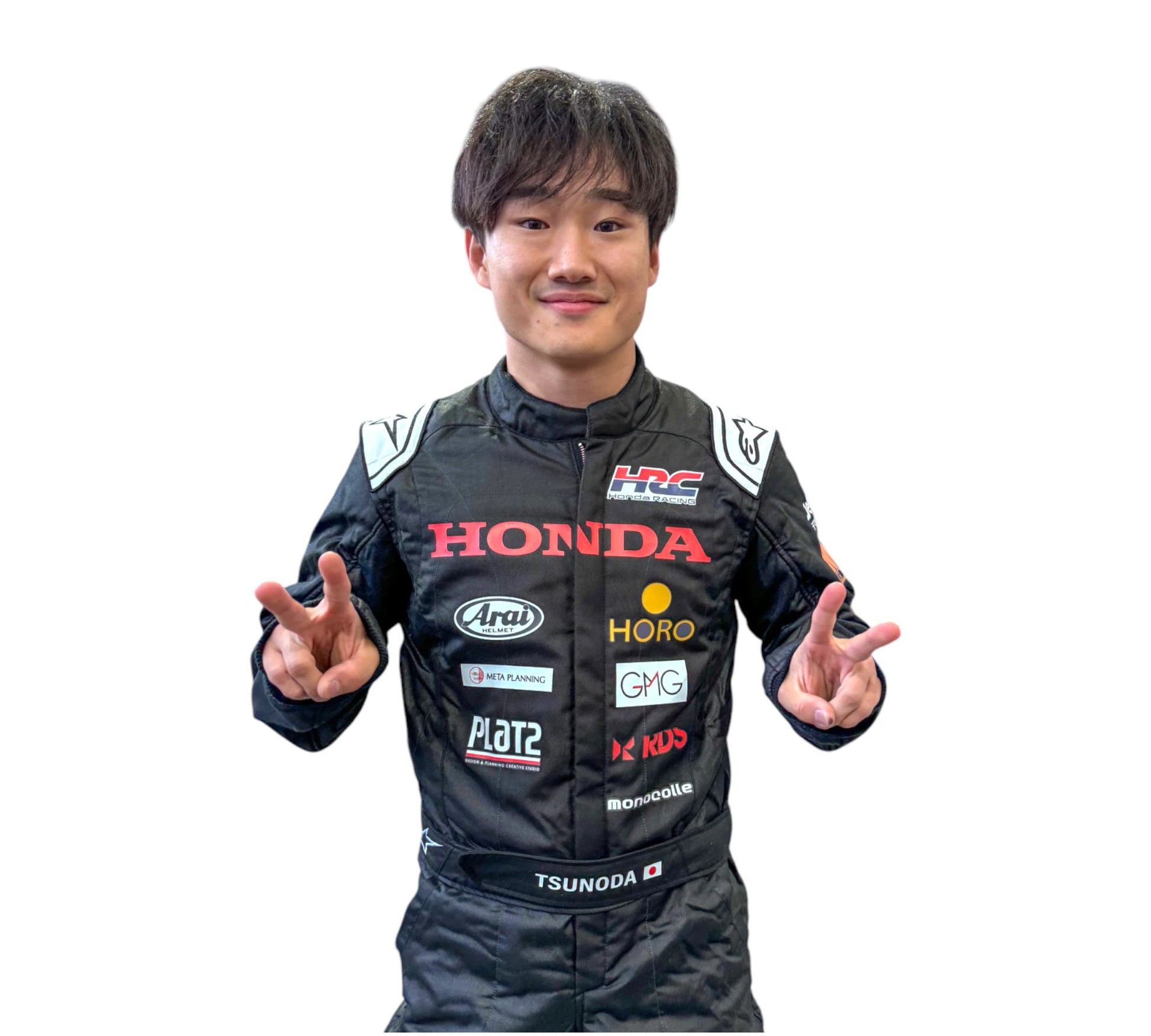Person wearing a Honda racing suit with various sponsor logos on a white background