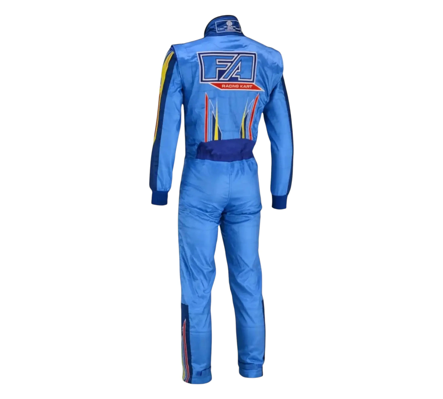 Blue racing suit with FA logo on a white background