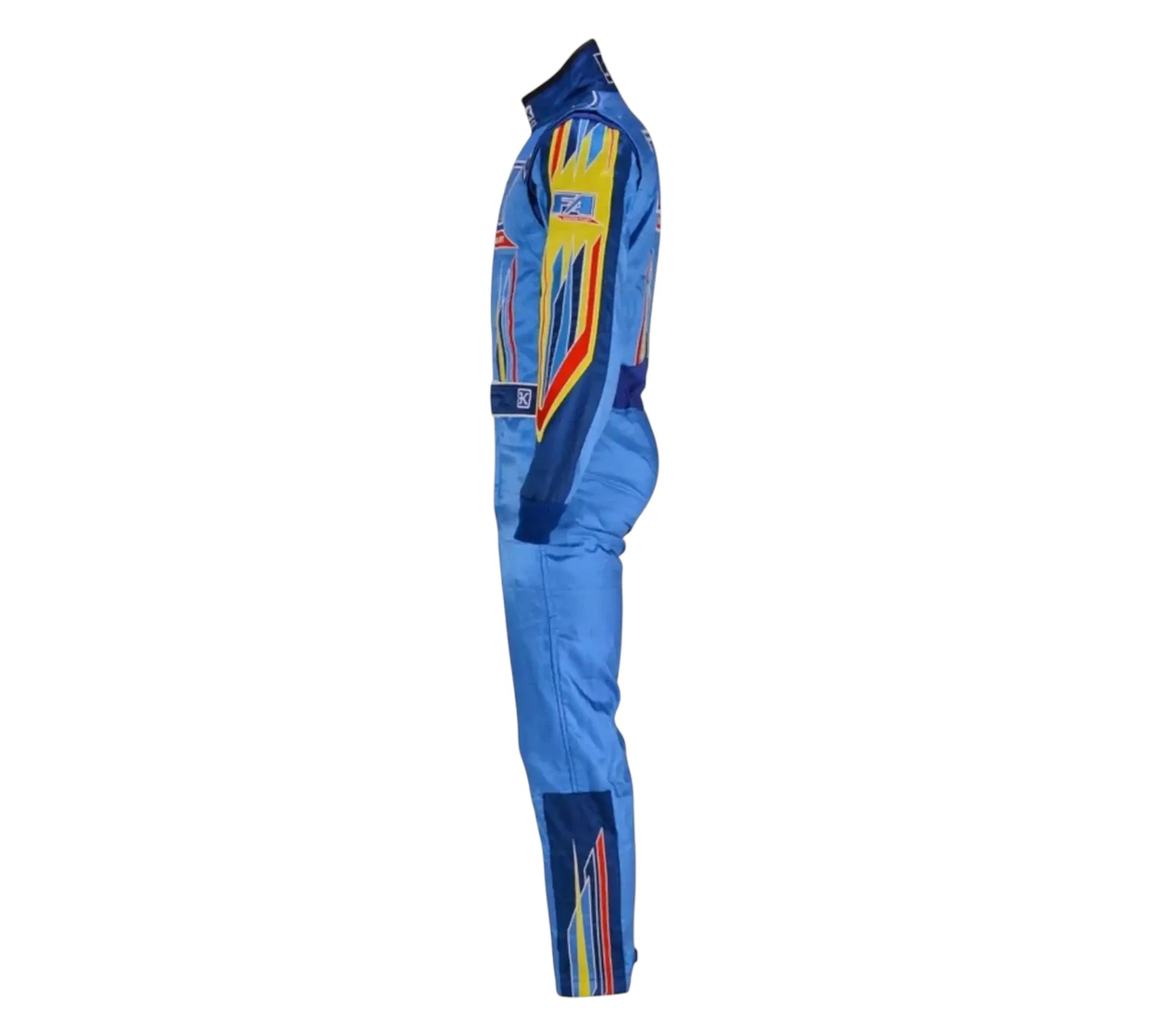 Blue racing suit with colorful accents on a white background