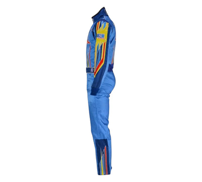 Blue racing suit with colorful accents on a white background