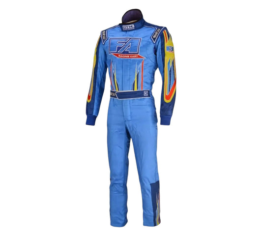 Blue racing suit with colorful accents on a white background