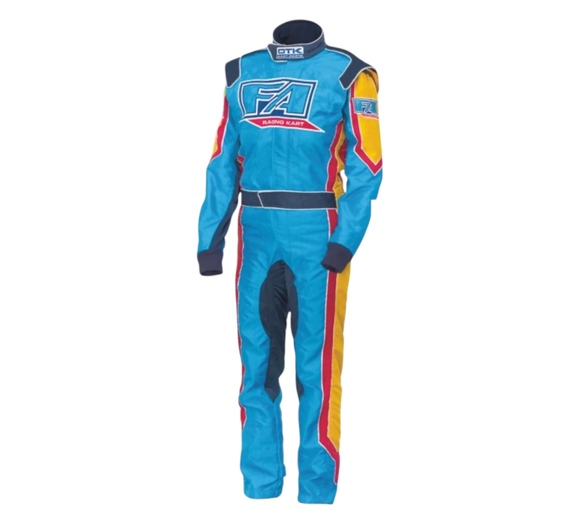 Blue racing suit with red and yellow accents on a white background