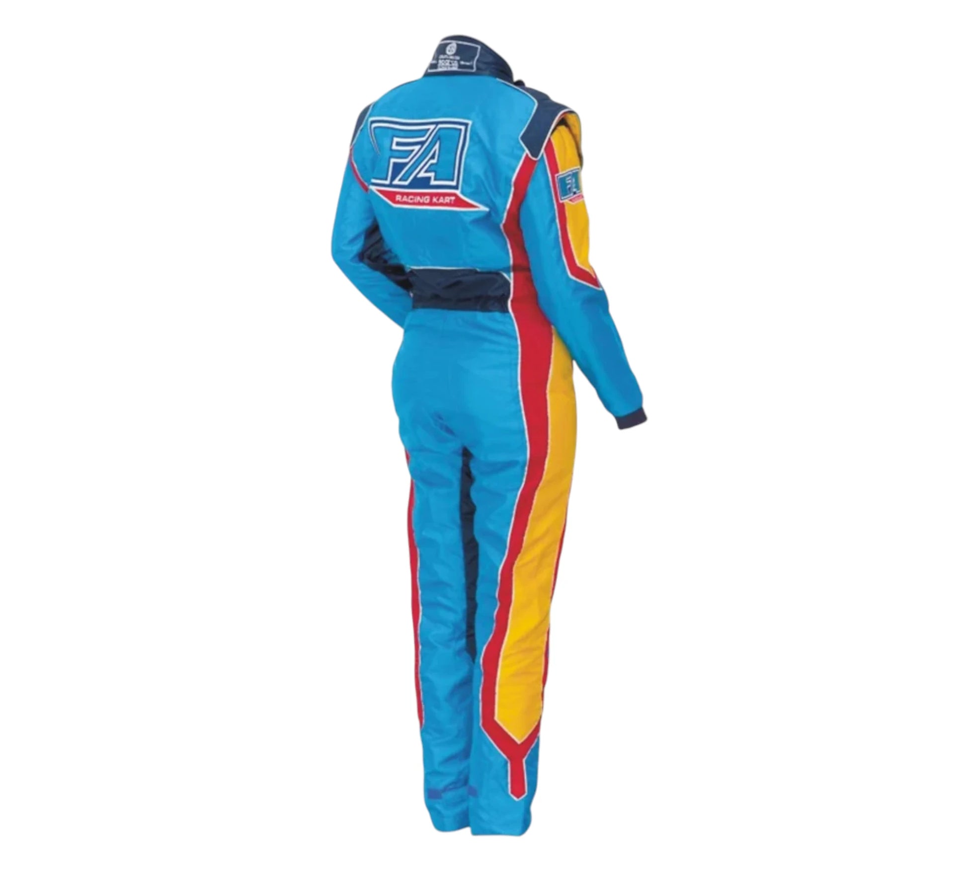 Blue racing suit with red and yellow accents on a white background