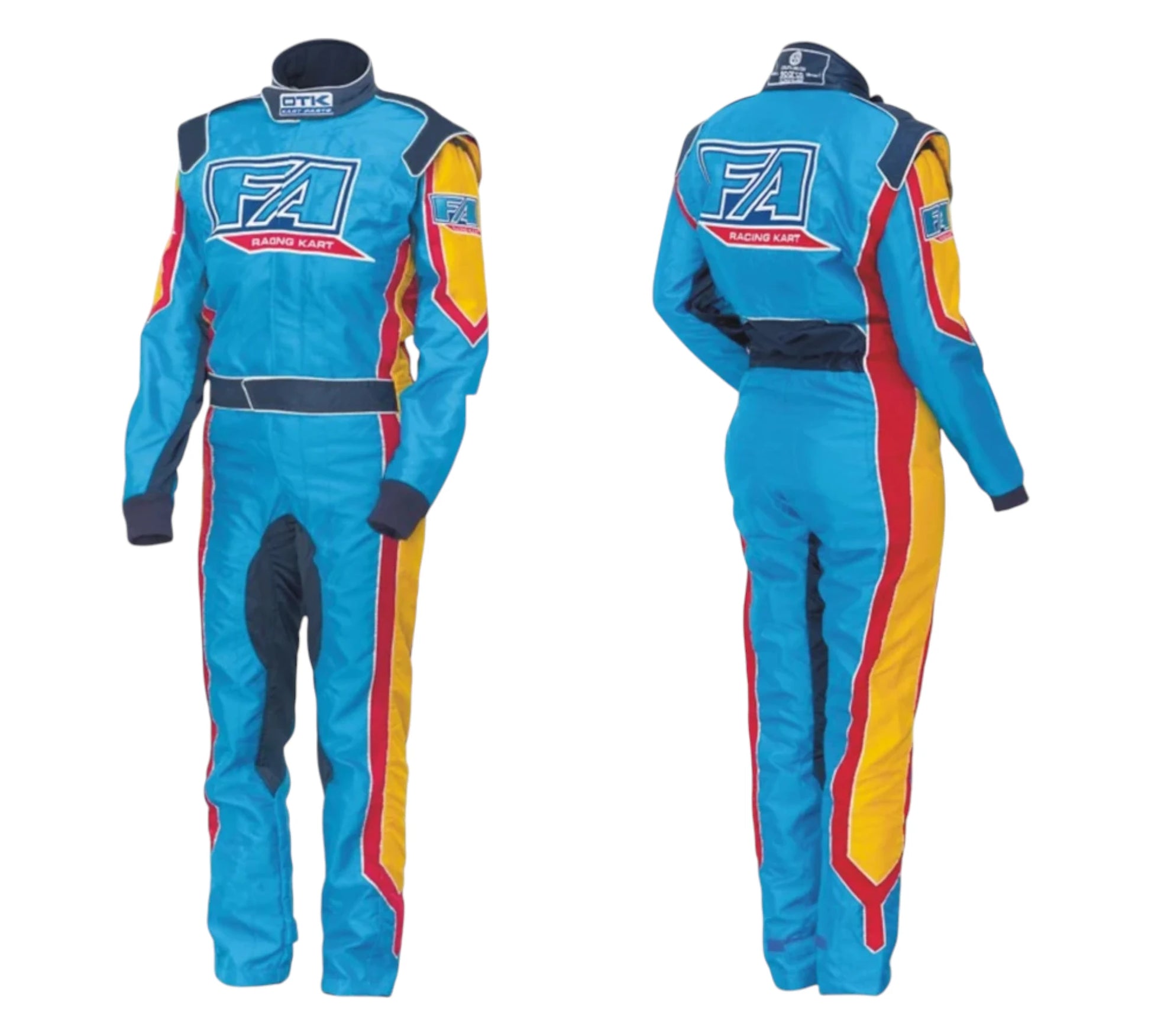 Blue racing suit with red and yellow accents on a white background