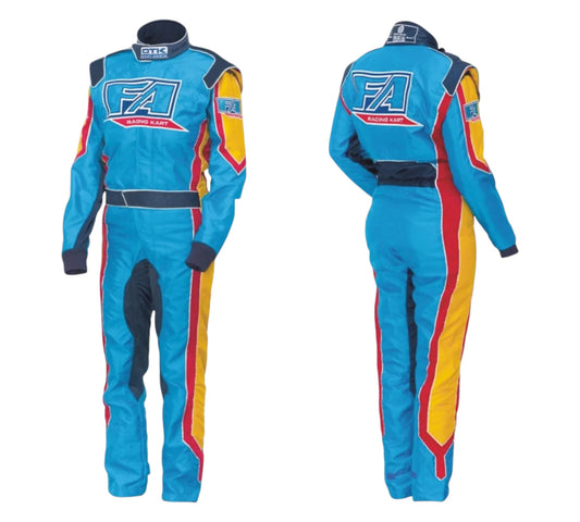 Blue racing suit with red and yellow accents on a white background