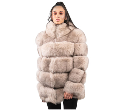Woman wearing a fur coat on a white background