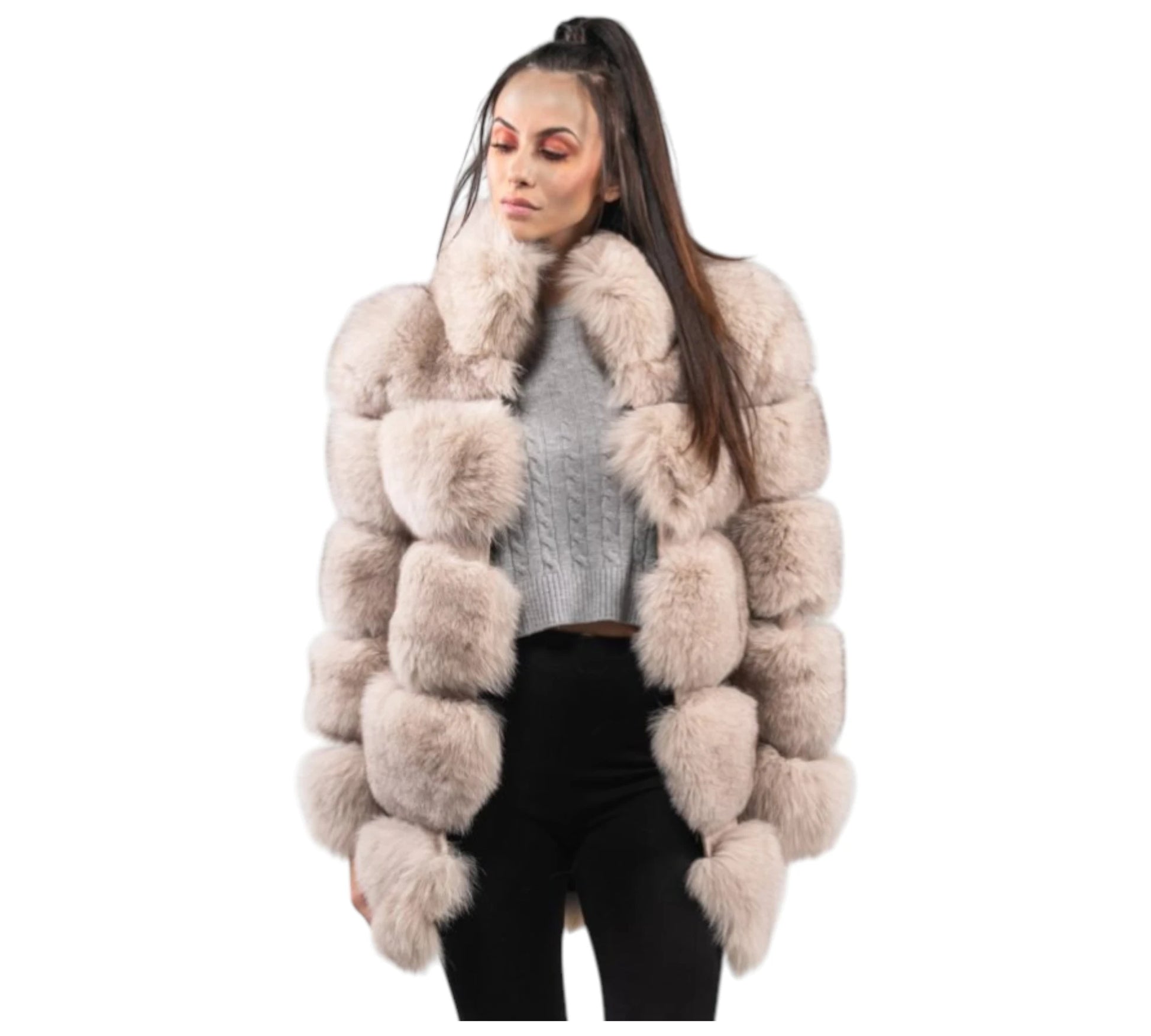 Woman wearing a fur coat with a white background