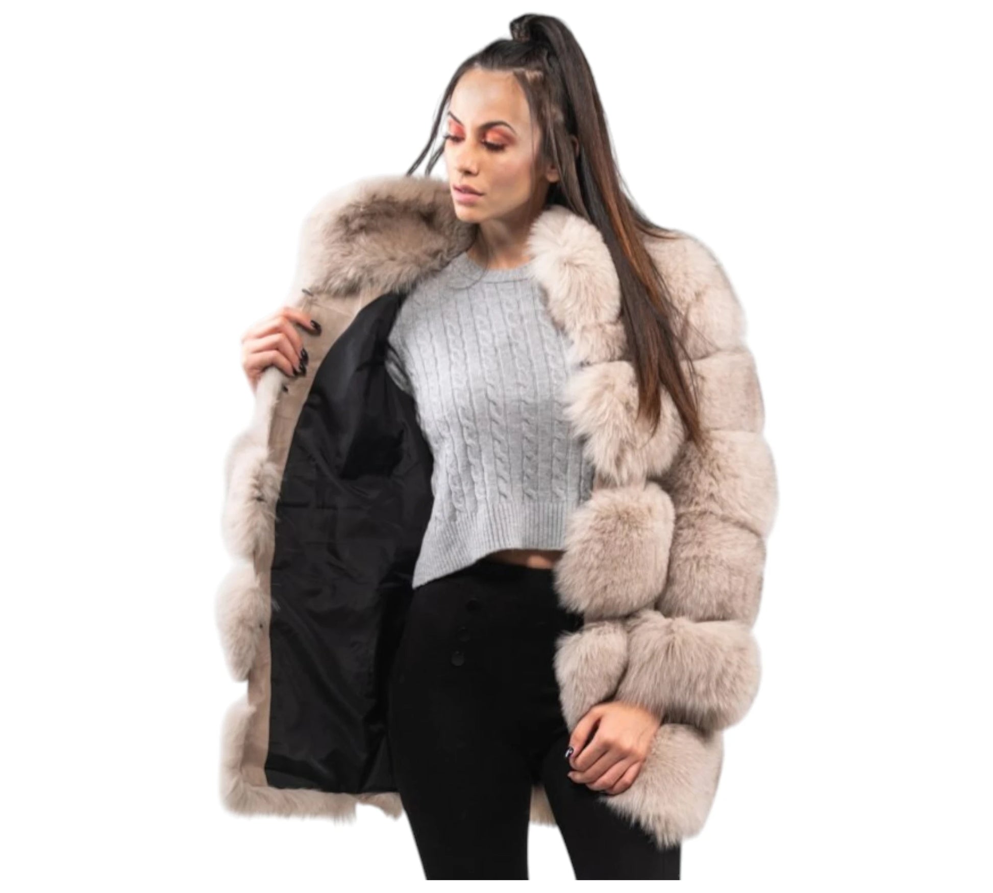 Woman wearing a fur coat with a white background