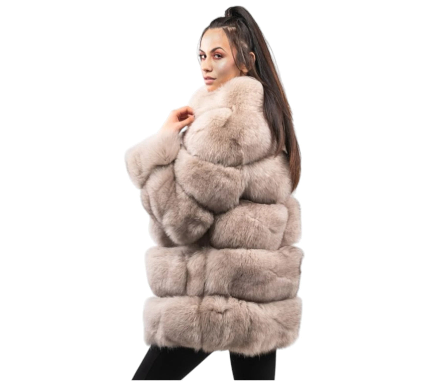 Woman wearing a fur vest on a white background