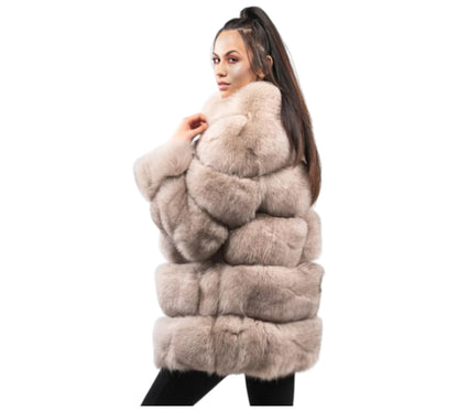 Woman wearing a fur vest on a white background